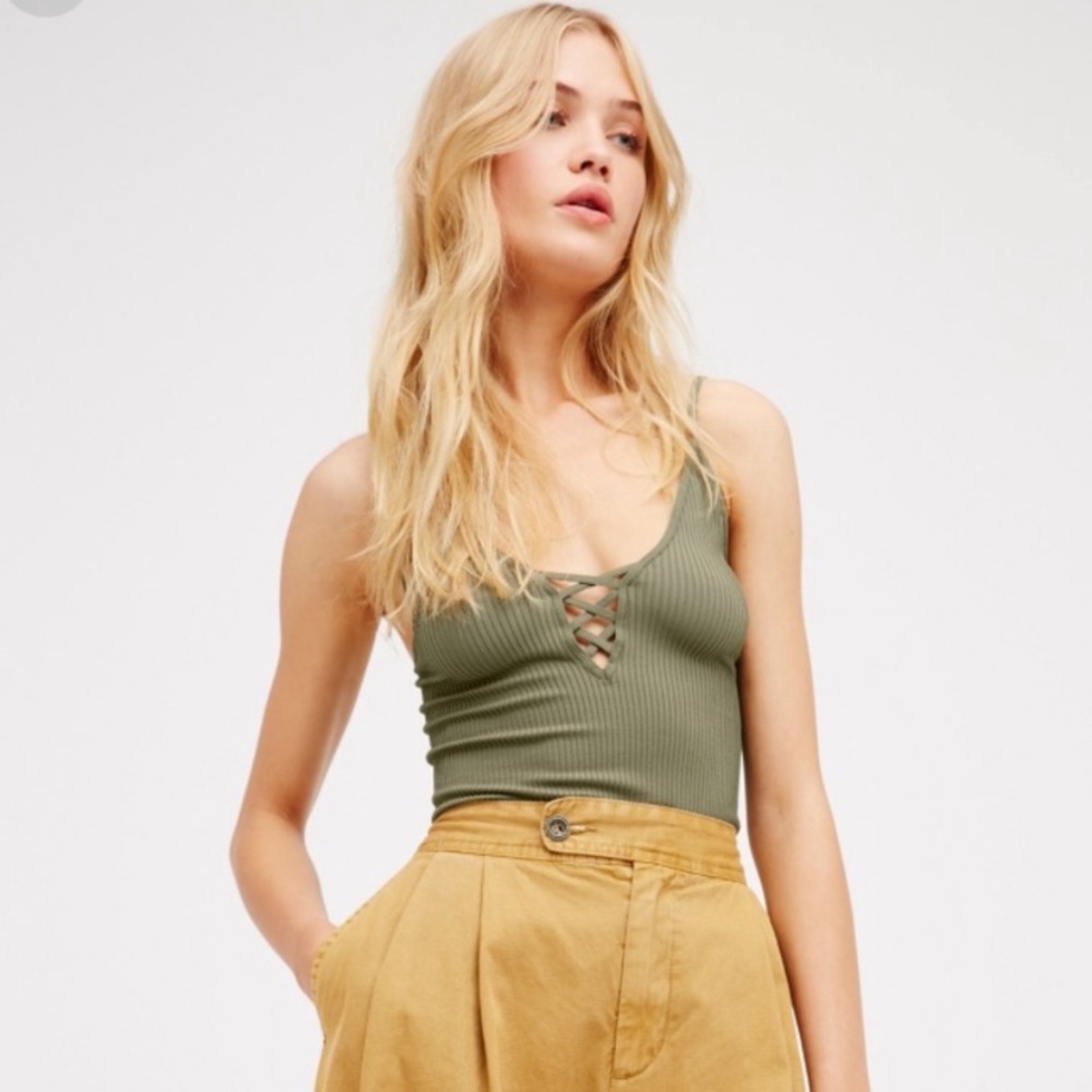 Intimately by Free People Crossfire Ribbed Lace Up Criss Cross V Neck Olive Tank